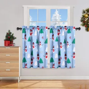 Cafe Curtains 36 Inch, Christmas Snowman Printed Rod Pocket Short Window Curtains, Multicolor Xmas Tree and Snowflake Print Kitchen Window Curtain Sets for Bathroom, 27" x 36", Set of 2