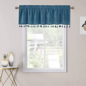 Boho Tassels Soft Luxury Room Darkening Velvet Window Valance Curtains for Bedroom Living Room, Red, 52 x 15 Inch