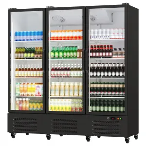 55.7 Cu.Ft, Commercial Beverage Refrigerator with 3 Glass 75.6 in Doors, Adjustable Shelves, Black for Supermarkets and Nightclubs