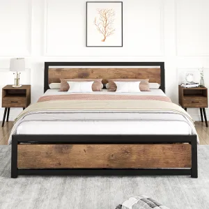 Queen Size Bed Frame Metal Platform + Wooden Headboard & Footboard + Heavy-Duty Steel Slats + Rustic Brown