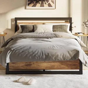 Full Size Bed Frame with Wooden Headboard & Footboard, Metal Platform, 14" Easy Assembly, Noise-Free, Rustic Brown, 700lbs Capacity, Industrial Style