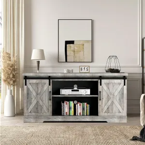 59 inch Farmhouse TV Stand, Cabinet with Barn Doors, Wood Media Console for Living Bedroom, 250 lbs Capacity, Grey