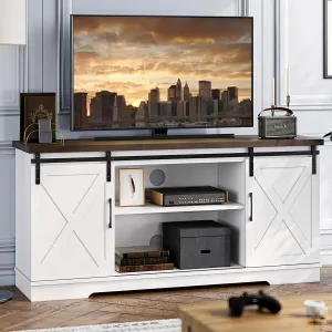59 inch Farmhouse TV Stand, Cabinet with Barn Doors, Wood Media Console for Living Bedroom, 250 lbs Capacity, White