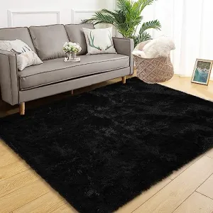 Fluffy & Sheepskin Pure Black 2.6x4.9 Shag Rug Plush Shaggy Rugs Soft Area Rug for Bedroom Fluffy Area Rug Non-Slip Furry Plush Rugs Modern Accent Rug for Indoor Bedroom Living Room, Black,80x150cm