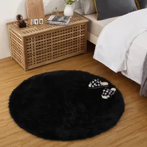 Fluffy & Sheepskin Pure Black 3'-Round Area Rug Faux Fur Rugs Non-Shedding Carpet for Bedroom, Soft Shaggy Rug Anti-Slip Floor Cover Fuzzy Rugs for Kids Playroom Classroom Dining Room Decor