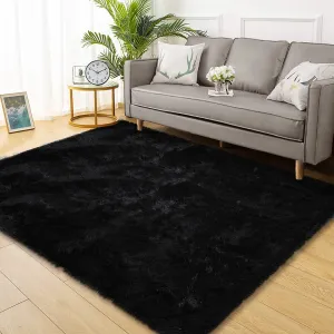 Fluffy & Sheepskin Pure Black 9x12 Faux Fur Shag Rug, Non-Slip Tie Dye Plush Fuzzy for Bedroom Kids Nursery Dorm