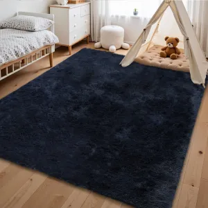 Fluffy & Sheepskin Pure Navy Blue 9x12 Shaggy Rug, Non-Shedding Soft Non-Slip Tie Dyed for Living Room Nursery