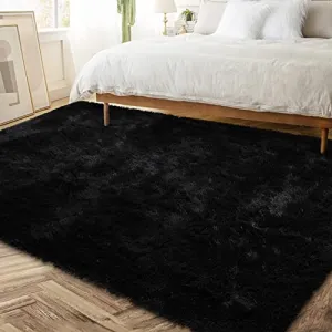 Fluffy & Sheepskin Pure Black 3x5 Faux Fur Rug, Non-Slip Plush High Pile for Bedroom Living Room