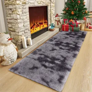Fluffy & Sheepskin Deep Grey Tie-Dye 2x6 Shag Rug, Plush Small Furry Non-Slip Modern Accent for Bedroom Living Room Indoor