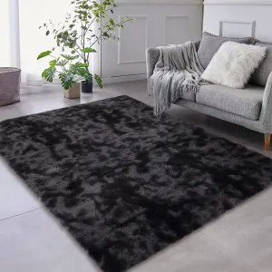 Fluffy & Sheepskin Black Grey 6x9 Faux Fur Shag Rug, Non-Slip Tie Dye Plush Fuzzy for Bedroom Kids Nursery Dorm