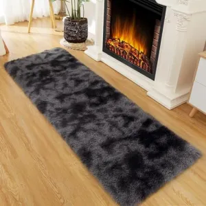 Fluffy & Sheepskin Black Grey 2x8 Furry Shag Rug, Plush Non-Slip for Kids Nursery Dorm Bedroom Living Room
