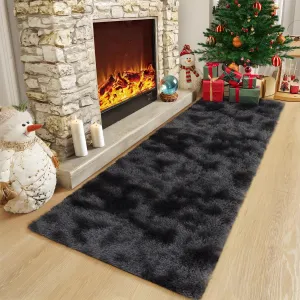 Fluffy & Sheepskin Black Grey 2x6 Runner Fuzzy Plush Rug, Non-Slip Shaggy for Hallway Kitchen Living Room Bedroom