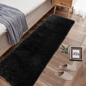 Fluffy & Sheepskin Pure Black 2x6 Shaggy Plush Rug, Non-Slip Furry Modern Accent for Bedroom Living Room