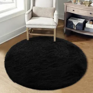 Fluffy & Sheepskin Pure Black 2.6'-Round Area Rug for Living Room Black Plush Shag Rugs for Bedroom Nursery Room Soft Shaggy Rug Anti-Slip Kids Playroom Fuzzy Rugs for Dining Room Decor Floor Carpet