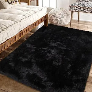 Fluffy & Sheepskin Pure Black 10x13 Plush Rug, Non-Shedding Easy Care Shaggy Fuzzy for Bedroom Living Room Decor