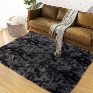 Fluffy & Sheepskin Black Grey 5x8 Round Shag Rug, Plush Non-Slip Furry for Bedroom Living Room