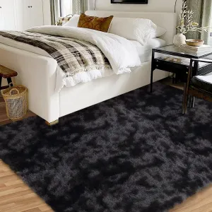 Fluffy & Sheepskin Black Grey 8x10 Faux Fur Rug, Non-Shedding Anti-Slip Plush for Kids Playroom Classroom Dining