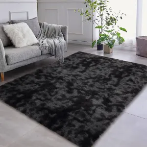 Fluffy & Sheepskin Black Grey 10x13 Fuzzy Rug, Non-Shedding Easy Care Shaggy Plush for Bedroom Living Room Decor