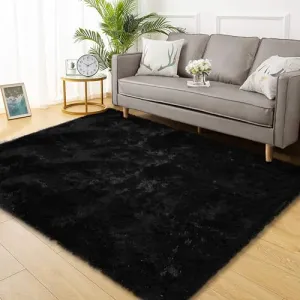 Fluffy & Sheepskin Pure Black 4x6 Plush Shag Rug, Soft Fuzzy Non-Slip for Living Room Bedroom Nursery Kids Playroom