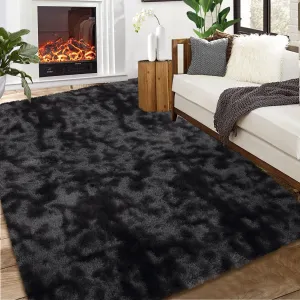 Fluffy & Sheepskin Black Grey 9x12 Plush Fuzzy Rug, Soft Shag Carpet for Living Room Bedroom Decor