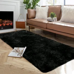 Fluffy & Sheepskin Pure Black 2x8 Fuzzy Plush Rug, Soft Carpet for Living Room Bedroom Dining Decor