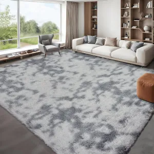 Fluffy & Sheepskin Light Grey 10x13 Plush Thick Shag Rug, Non-Slip Non-Shedding Tie Dye for Bedroom Kids Dorm
