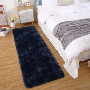 Fluffy & Sheepskin Navy Blue 2x8 Fuzzy Plush Rug, Soft Carpet for Living Room Bedroom Dining Decor