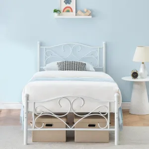 Twin Metal Bed Frame for Girls & Boys White Platform Bed Frame with Headboard and Footboard Simple and Atmospheric Mattress Foundation Strong Metal Slats Support, No Box Spring Needed Noise Free
