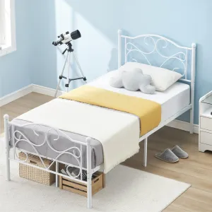 White Twin Bed Frame with Headboard and Footboard for Girls, Metal Platform Bed Frame with Steel Slats Support, No Box Spring Needed