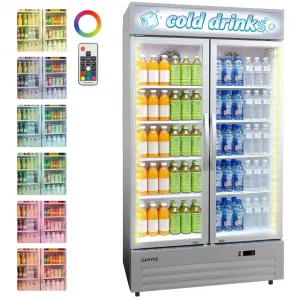 34.8 Cu.ft Double Door Commercial Beverage Cooler - 580-Can Glass Display Fridge | Frost-Free Air-Cooled, RGB Lights, Adjustable Shelves | for Bar/Restaurant/Store (Silver)