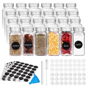 24 Pcs Glass Spice Jars with Spice Labels, 4oz Empty Square Spice Bottles - Shaker Lids and Airtight Metal Caps - Silicone Collapsible Funnel