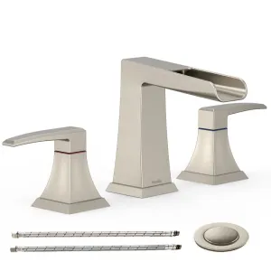 Waterfall Widespread Bathroom Faucet, 2-Handle Waterfall Bath Vanity Faucets, Waterfall Bathroom Sink Faucet 3 Hole with Metal Pop Up Drain Assembly & Faucet Supply Lines - Brushed Gold