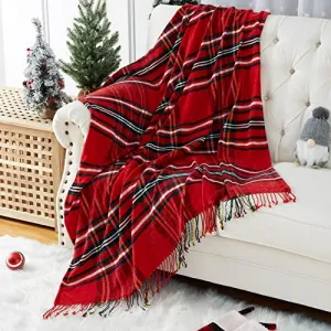Christmas Plaid Soft Chenille Bed Throw for Couch Sofa Fluffy Soft Velvety Throw Blanket for Christmas Knit Blanket for Bed Chair Decor (Plaid Red/Green/White, 50"×60" )