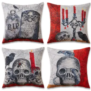 Decorative Halloween Throw Pillow Covers Pillow Covers Skeleton Skull Square Cushion Case for Couch Beige 18 x 18 inches, Set of 4