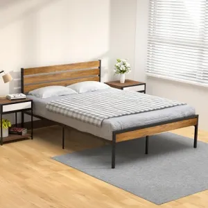Platform Queen Bed Frame with Rustic Wood Headboard, Metal Slats Support, 9 Legs, Storage, Noise-Free, Easy Assembly, Industrial Style
