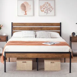 Twin Size Bed Frame with Rustic Vintage Wood Headboard, Metal Slats Support, Mattress Foundation, No Box Spring Needed, Easy Assembly