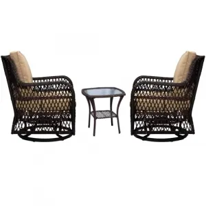 3 Pieces Rattan Swivel Rocking Chair Outdoor, Patio Bistro Conversation Furniture Set, Wicker Chair with Cushions and Table