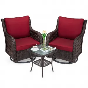 3-Piece Outdoor Rattan Swivel Rocking Chair Set - Patio Bistro Furniture with Cushions & Table, Wicker Chairs in Red Encrypted Rattan