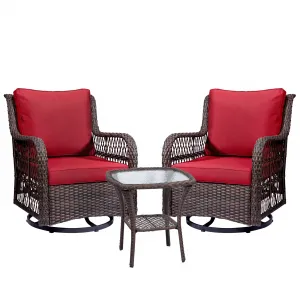 3 Pieces Rattan Swivel Rocking Chair Outdoor, Patio Bistro Conversation Furniture Set, Wicker Chair with Cushions and Table - Red