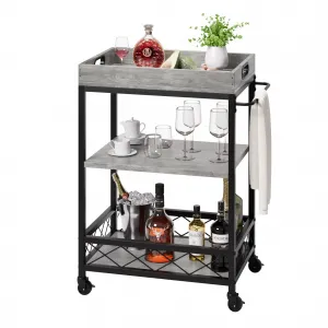 3-Tier Bar Cart with Wine Rack, Glass Holder, Portable Trays, Iron Frame, MDF Panels, 4 Wheels, Living Room, Kitchen