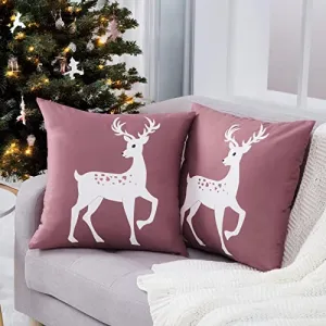 Christmas Pillow Covers 18 ×18 Set of 2, Velvet Pillow Case for Christmas Decoration Deer Print Pillow Covers Winter Holiday Party Decor, Pink