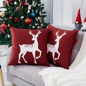 Christmas Decorations Pillow Covers 20 x 20 Inch Set of 2 Farmhouse Christmas Decor for Bedroom, Deer Rustic Xmas Pillow Case Winter Holiday Decorations Throw Cushion Case for Home Couch, Red