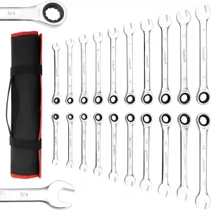 20-Piece Ratcheting Combination Wrench Set, Fixed Head &72 Teeth, SAE 1/4-3/4"& Metric 6-19mm, Chrome Vanadium Steel with Storage Bag - 20-Piece Fixed Head SAE/Metric