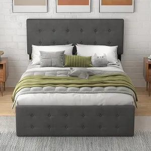 Queen Bed Frame with Storage Drawers, Adjustable Headboard, Durable Linen, Noise-Free, Easy Assembly, Grey