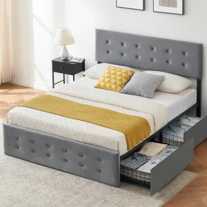 Upholstered Velvet Queen Size Platform Bed Frame with 4 Storage Drawers and Headboard,Square Stitched Button Tufted Mattress Foundation with Wooden Slats Support Dark Grey (Queen)