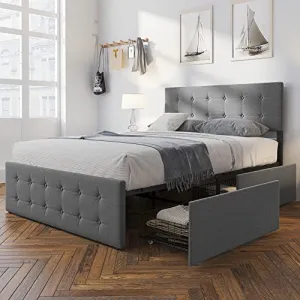 Full Bed Frame with 4 Storage Drawers, Adjustable Upholstered Headboard, Wood Slat Support, No Box Spring Needed, Modern Design, Quick Assembly