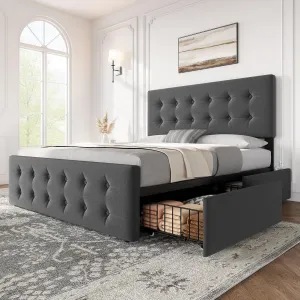 Queen Size Upholstered Bed Frame With Adjustable Headboard, Platform Bed Frame With 4 Storage Drawers, Wood Slats Support, No Box Spring Needed, Easy Assembly