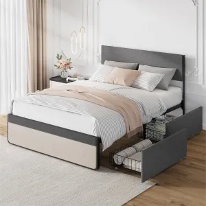 Queen Bed Frame + Storage Drawers + Upholstered Headboard + Steel Slats Support + Noise-Free + Linen Fabric + For Small Rooms