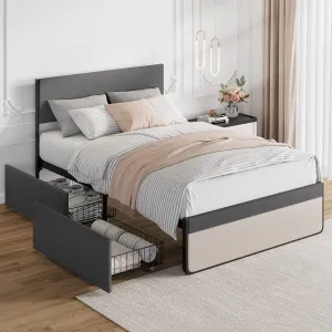 Full Size Upholstered Bed Frame with 2 Storage Drawers, Steel Slats, Linen Fabric, Noise-Free, Ideal for Small Rooms
