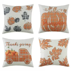 Thanksgiving Throw Pillow Covers 4 pcs 18×18 Pumpkin Farmhouse Decorative Pillow Cases Fall Harvest Throw Cushion Case for Sofa Couch